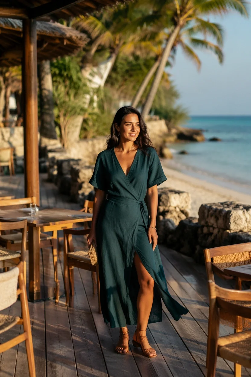 Woman in a dark green wrap dress walking on a wooden deck near the beach with palm trees and ocean in background.