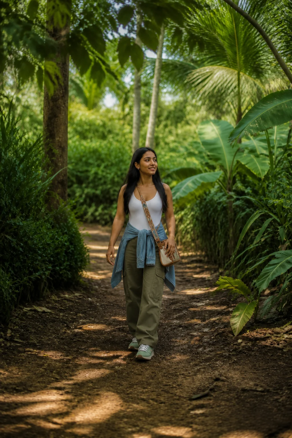A woman walks on a dirt path through lush greenery wearing olive cargo pants, a white bodysuit, and a denim shirt tied around
