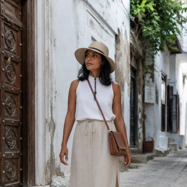 Woman in linen skirt and white top walking on cobblestone street in Stone Town, Zanzibar.