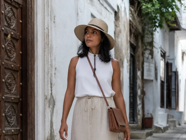 Woman in linen skirt and white top walking on cobblestone street in Stone Town, Zanzibar.