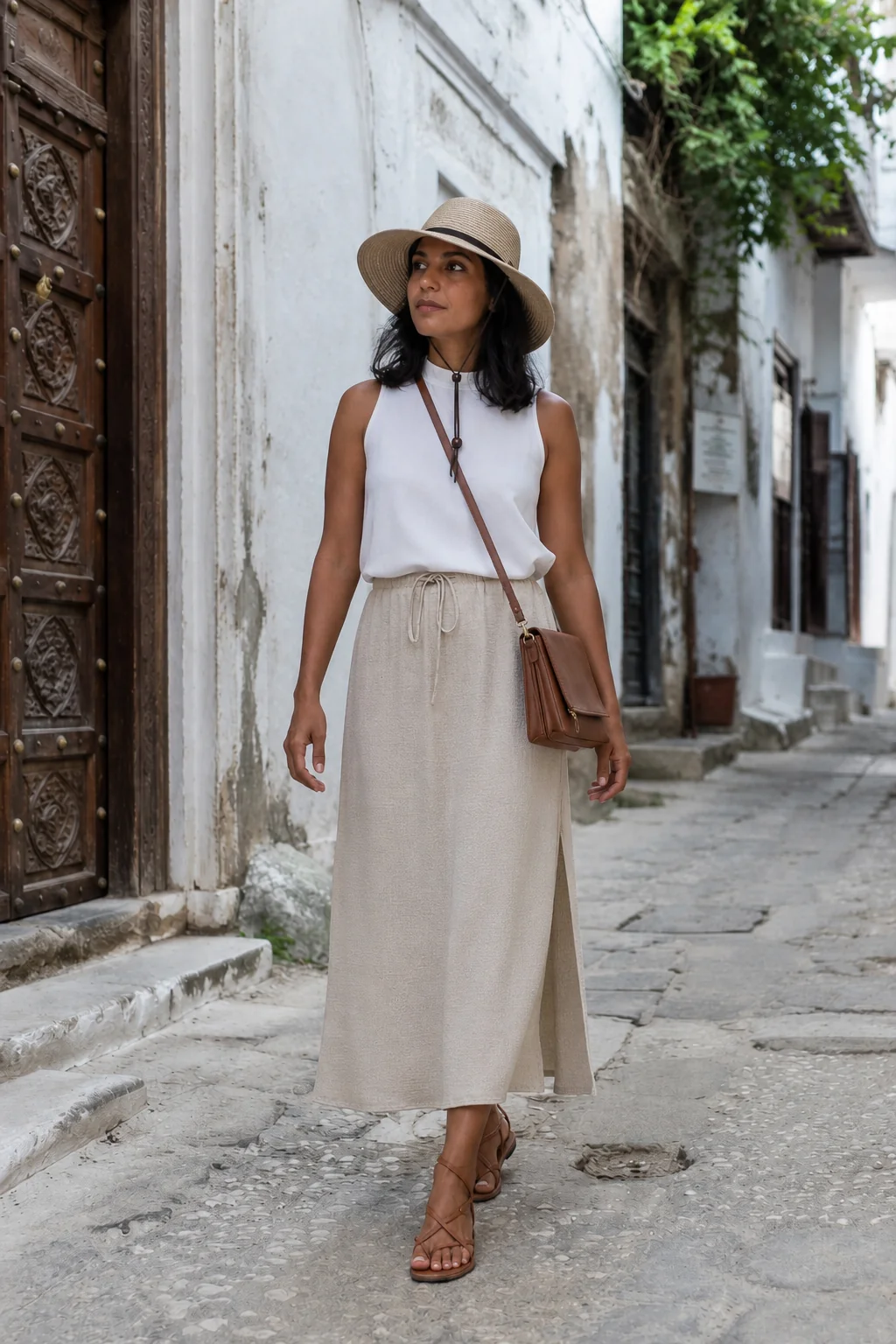 Woman in linen skirt and white top walking on cobblestone street in Stone Town, Zanzibar.