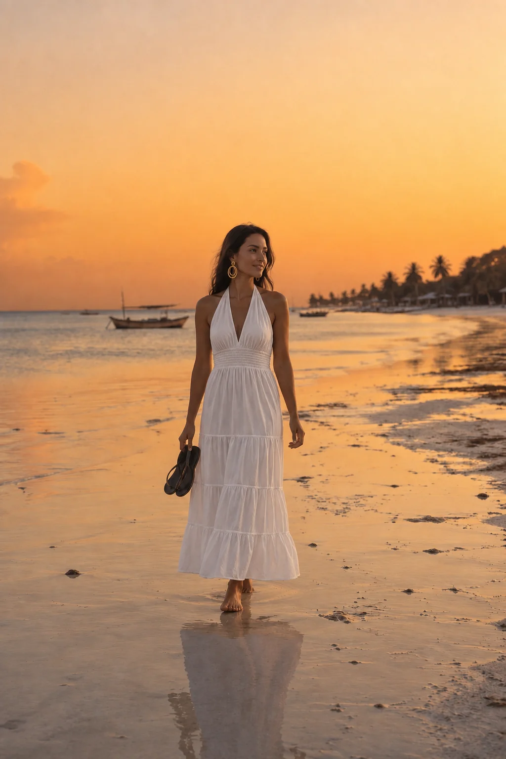Woman in white maxi dress walking on wet beach at sunset, holding sandals, with boats and palm trees in background.