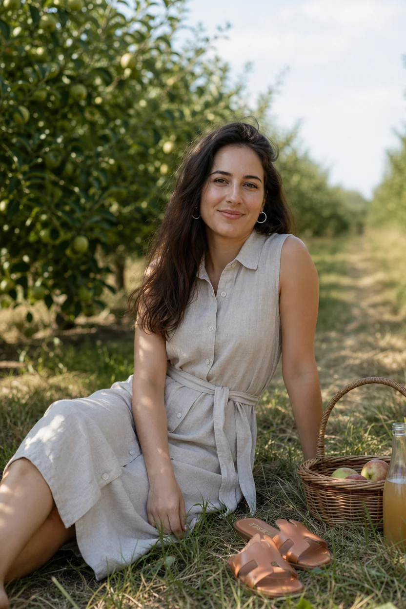 Woman sitting in an apple orchard wearing a linen dress with a picnic basket nearby.