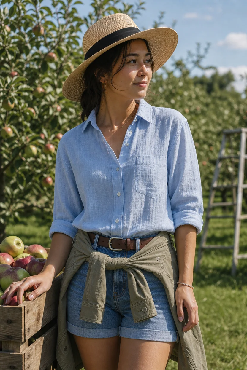 Woman in blue linen shirt and denim shorts standing by apple crate in orchard wearing straw hat.