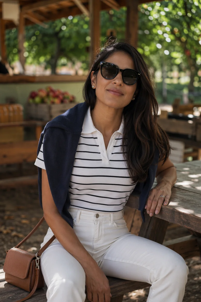 Woman wearing striped polo, white jeans, and navy cardigan, sitting at a wooden picnic table in an orchard.