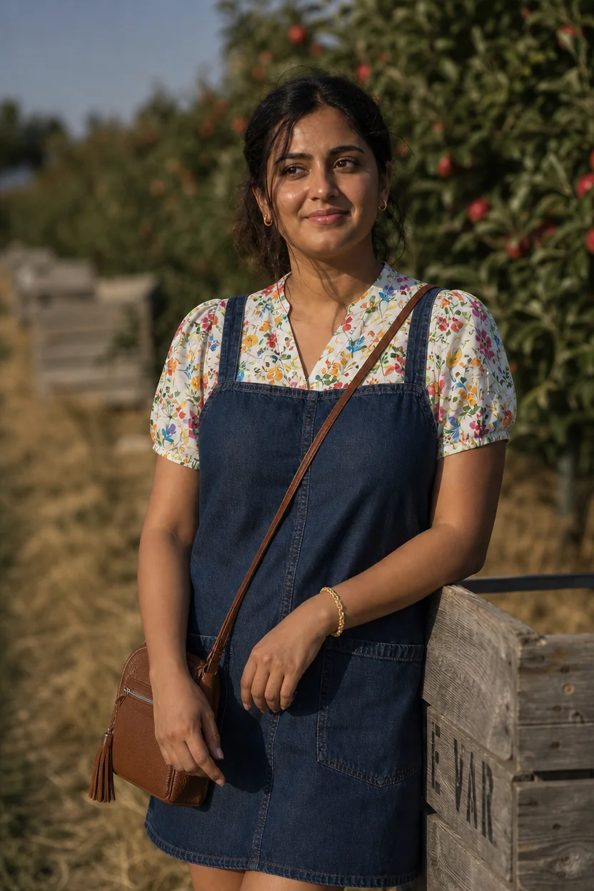 Woman in floral blouse and denim pinafore standing in an apple orchard next to a wooden crate.