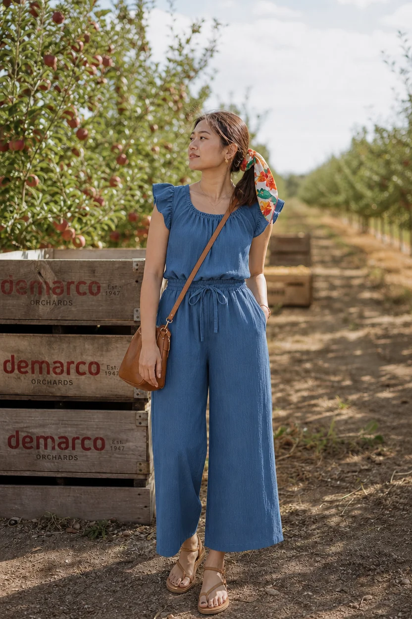Woman in blue jumpsuit standing in apple orchard aisle near wooden crates.