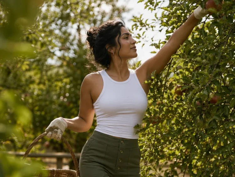 Woman in white tank top and olive pants picking apples from a tree while standing on a small wooden stool holding a wicker ba