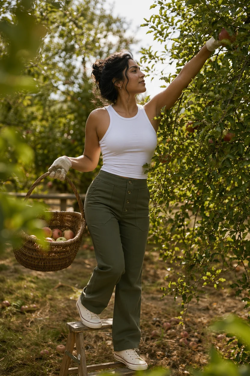 Woman in white tank top and olive pants picking apples from a tree while standing on a small wooden stool holding a wicker ba