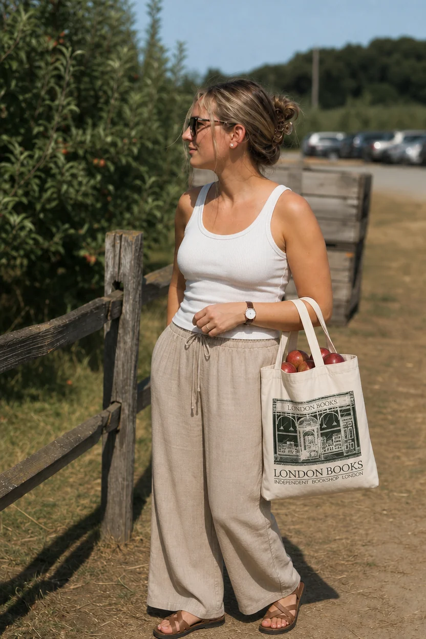 A woman in a white tank top and beige linen pants stands by a wooden fence holding a tote bag full of apples.
