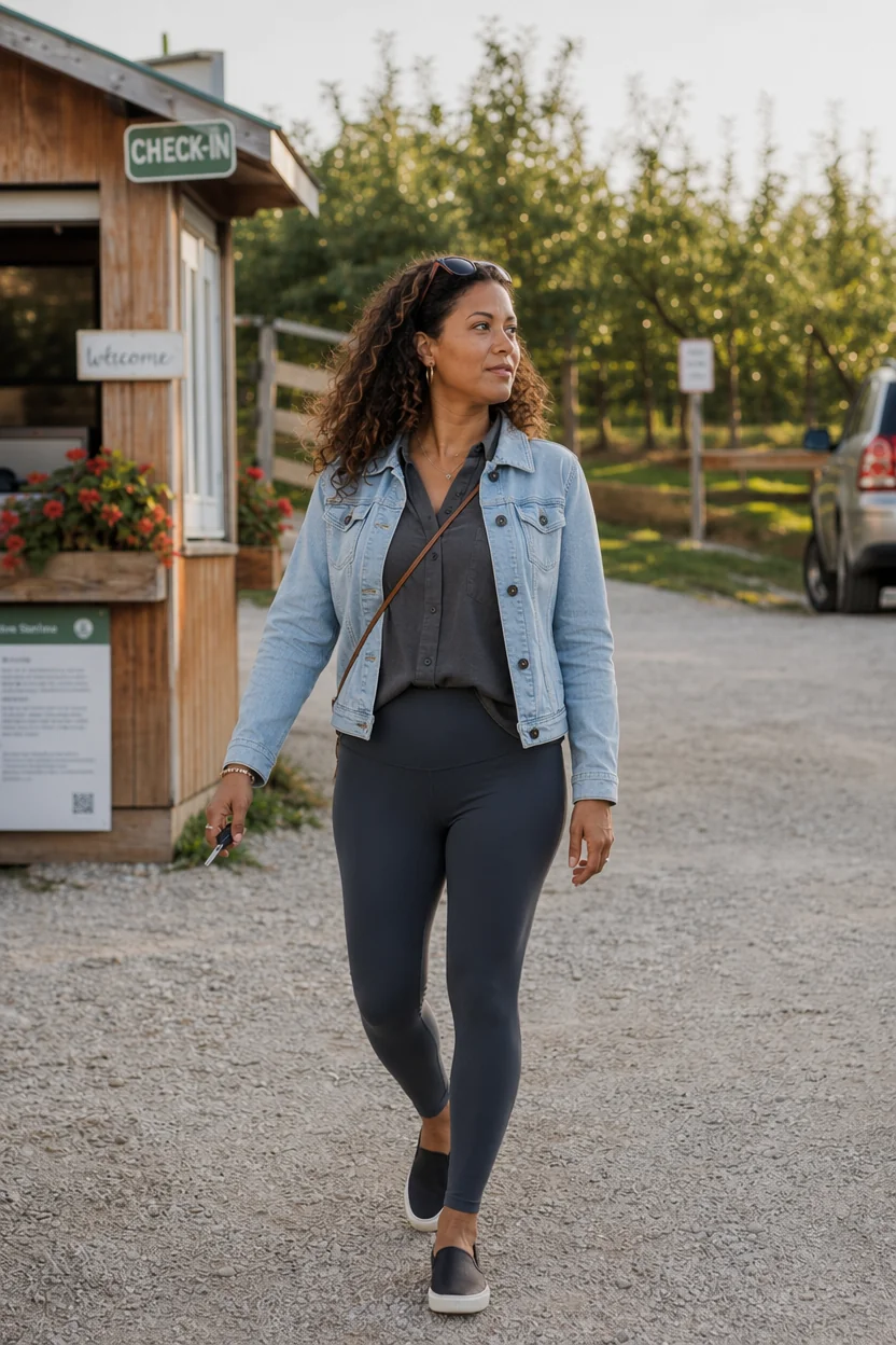Woman walking toward orchard check-in wearing denim jacket, dark leggings, and slip-on shoes.