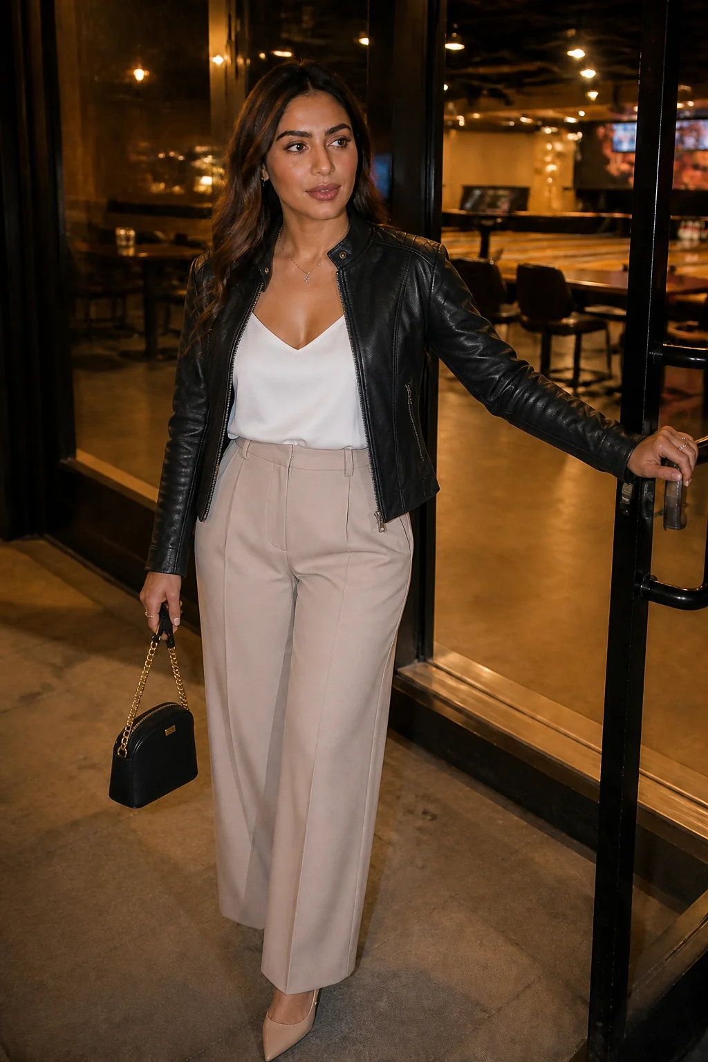 Woman in black leather jacket, beige wide-leg pants, and white top standing outside a bowling alley at night.
