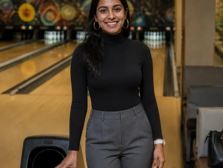 A woman in a black turtleneck and grey trousers stands at a bowling alley, smiling near the ball return.