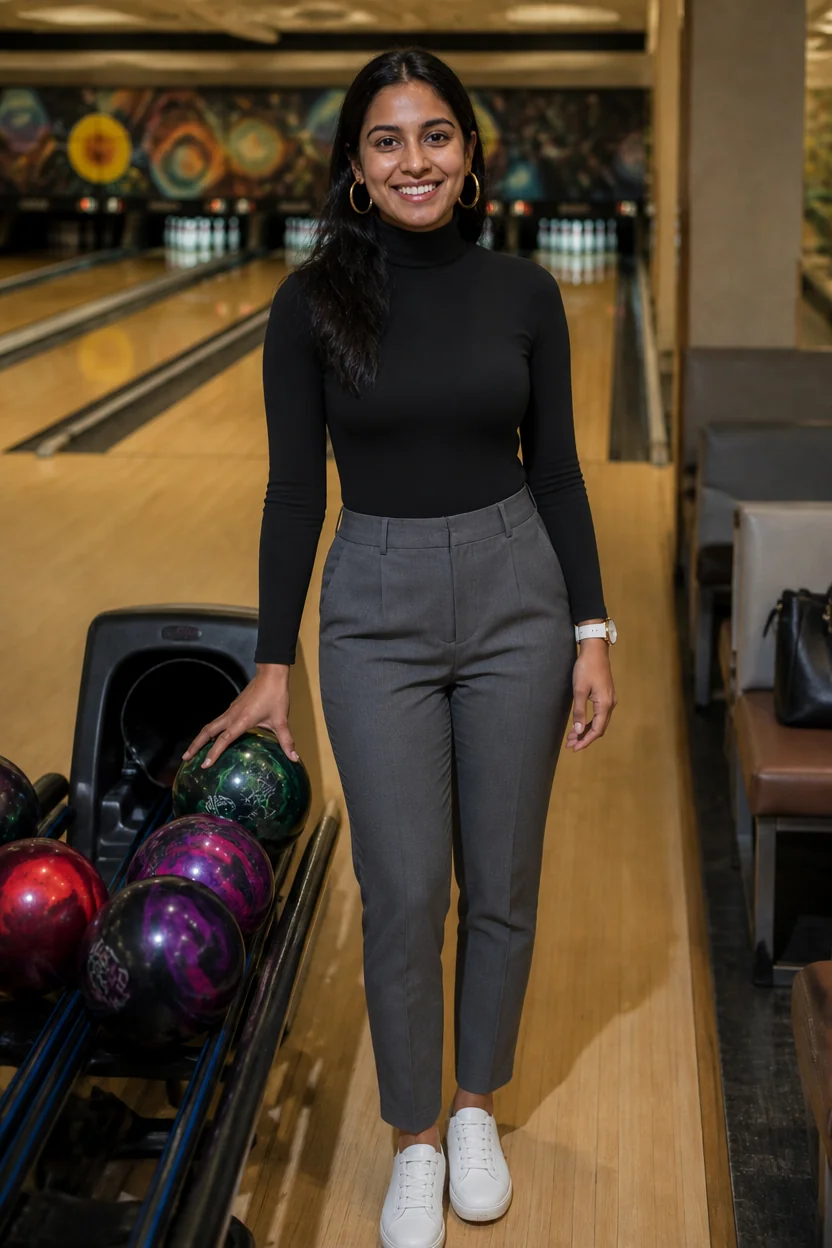 A woman in a black turtleneck and grey trousers stands at a bowling alley, smiling near the ball return.