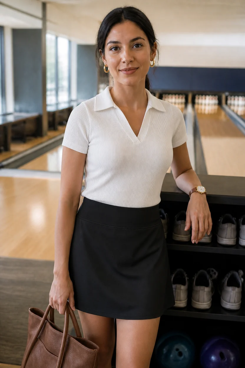 Woman in white ribbed polo and black skirt standing by bowling shoes at alley