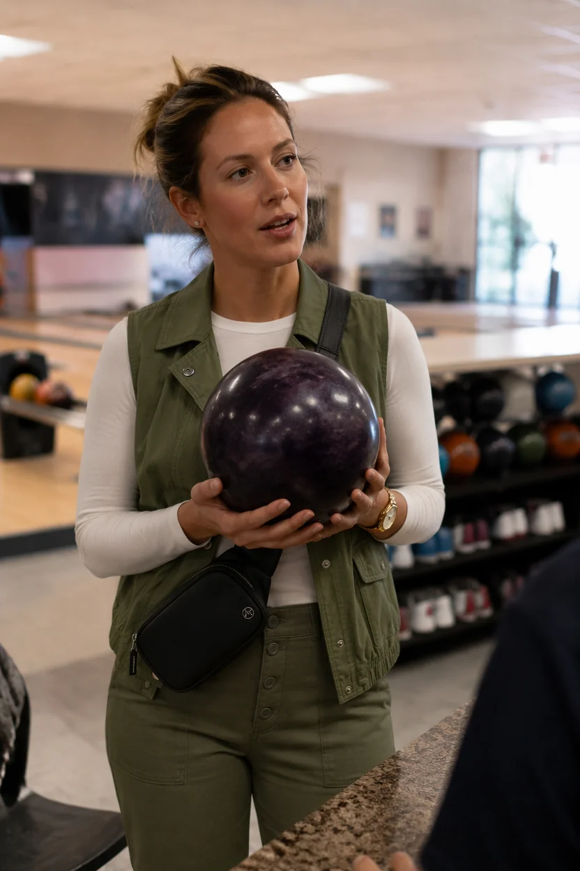 Woman holding a purple bowling ball in a bowling alley pro-shop, wearing an olive vest and matching pants.