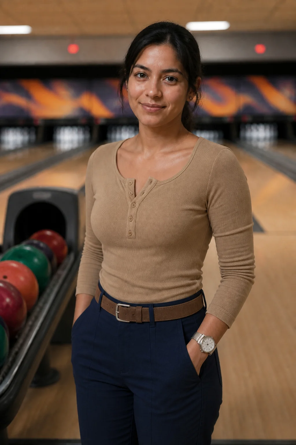 A woman in a tan ribbed henley and navy pants stands at a bowling alley with balls nearby.