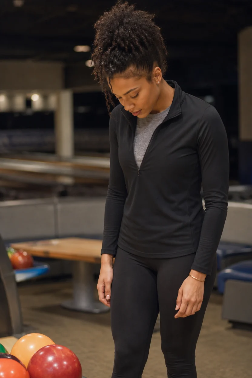 Woman in black athletic pullover and leggings at a bowling alley, preparing to bowl.