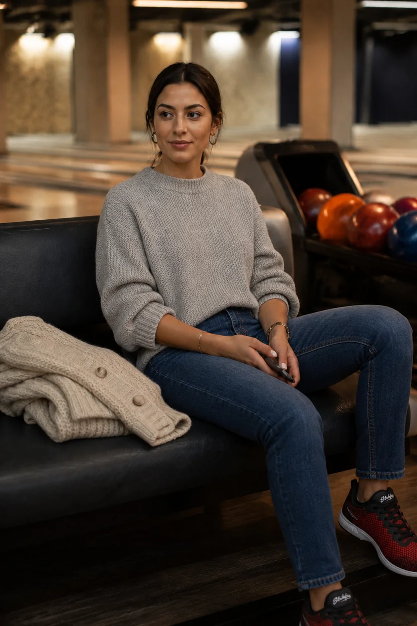 Woman sitting on a black couch in a bowling alley wearing a grey sweater, blue jeans, and red bowling shoes with a beige card