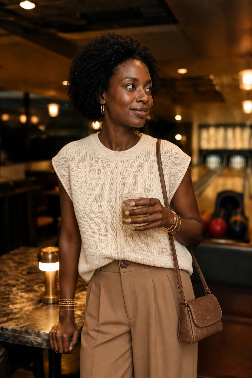 Woman in beige sleeveless knit top and tan wide-leg pants holding a drink at a bowling alley bar.