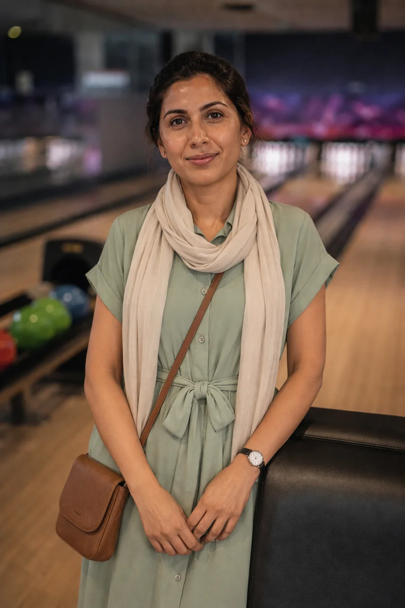 A woman in a light green dress and beige scarf poses at a bowling alley, leaning on a black booth with colorful balls visible