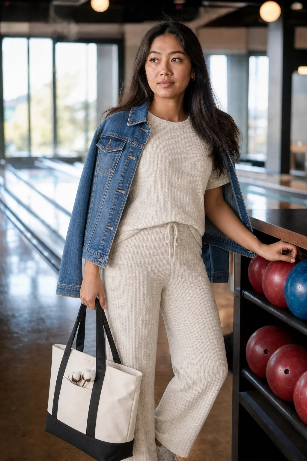 Woman in beige ribbed set and denim jacket holding tote bag near bowling balls.