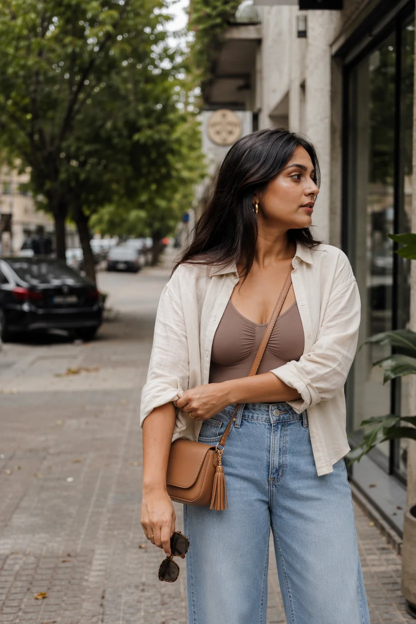Woman in beige shirt and jeans standing on a city sidewalk holding sunglasses.