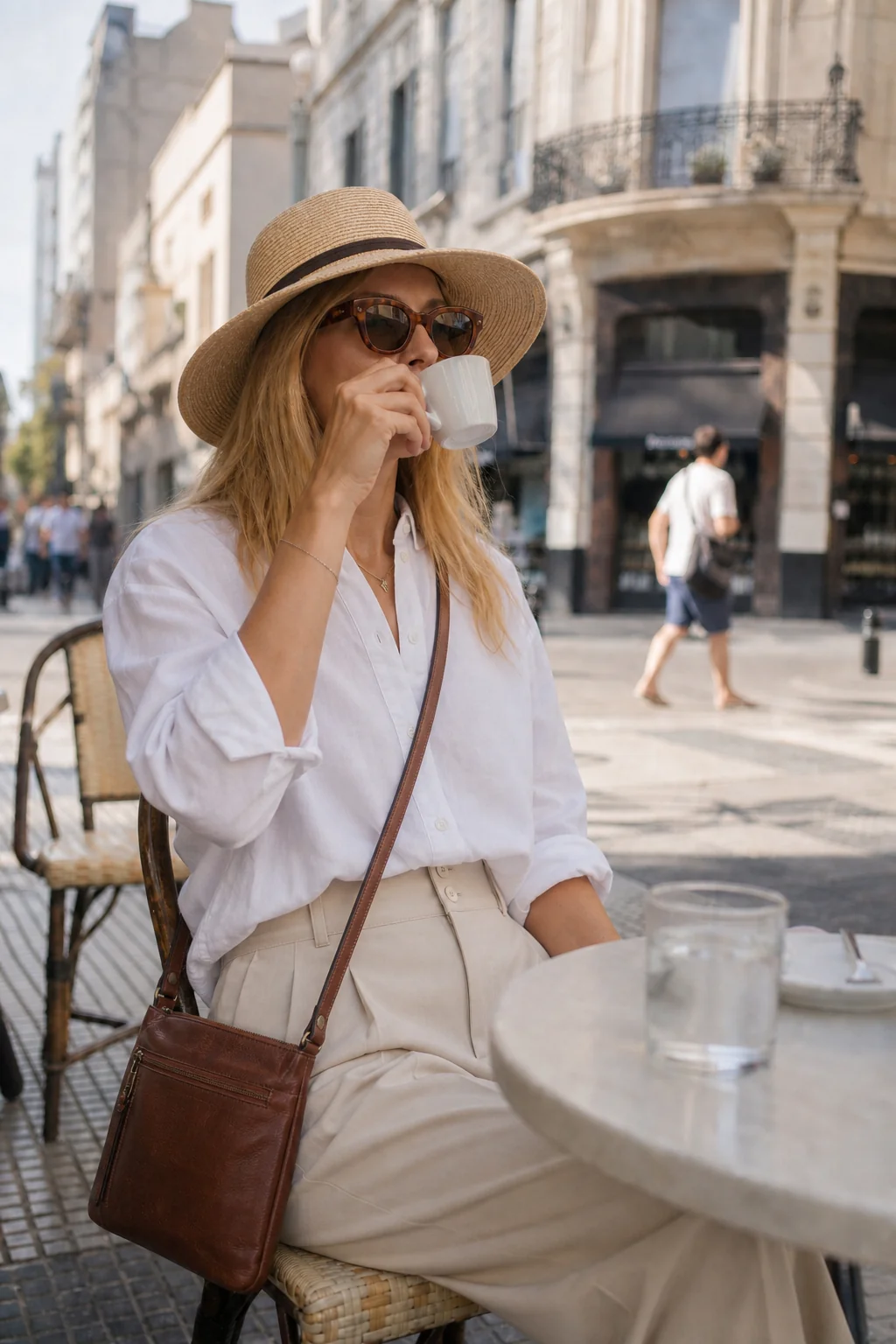 Woman wearing a white shirt and beige trousers, sipping coffee at an outdoor cafe in Buenos Aires.