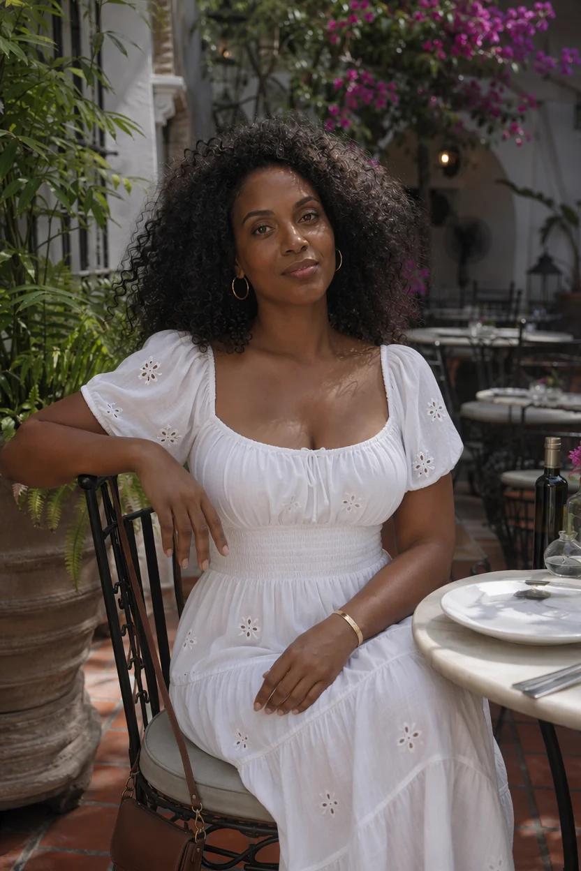 Woman in white eyelet dress sitting at outdoor table with purple flowers and greenery in background.