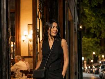 Woman in black sleeveless suit standing outside a lit restaurant at night in Buenos Aires.