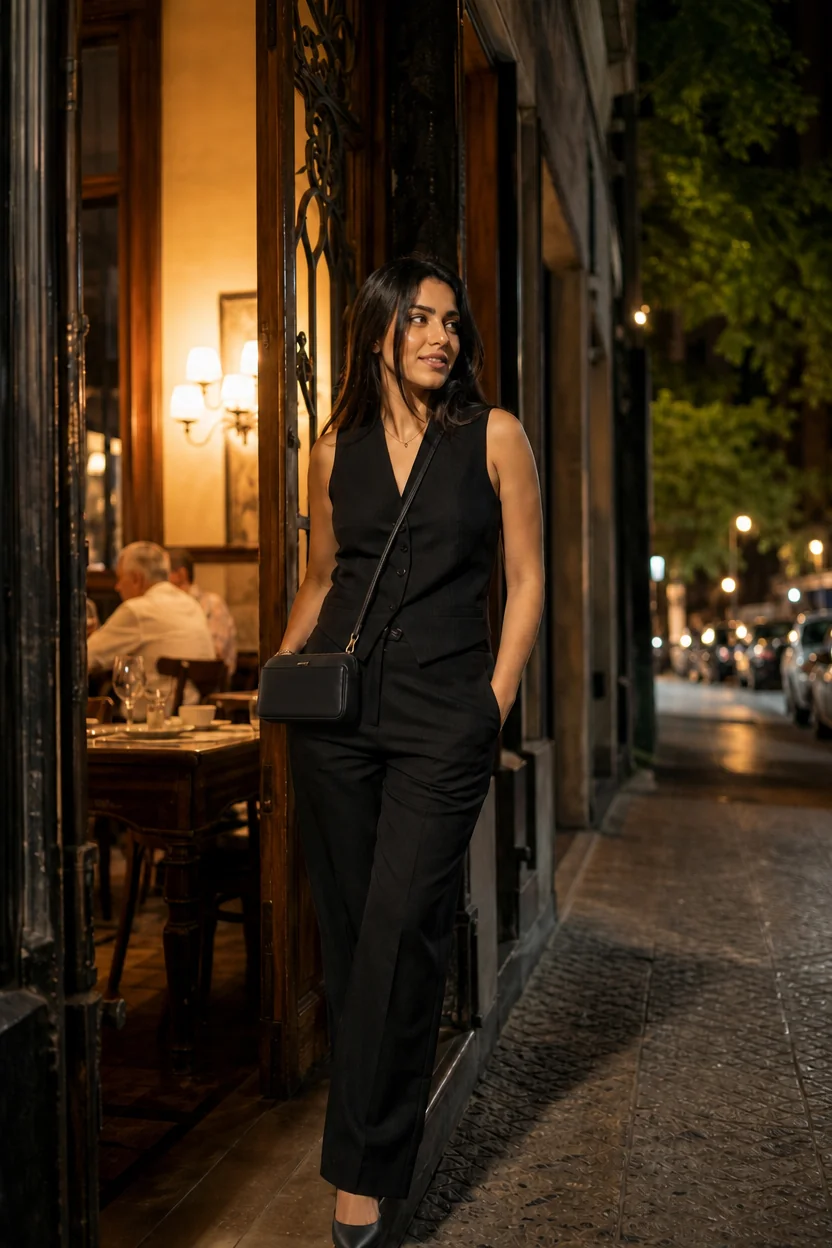 Woman in black sleeveless suit standing outside a lit restaurant at night in Buenos Aires.
