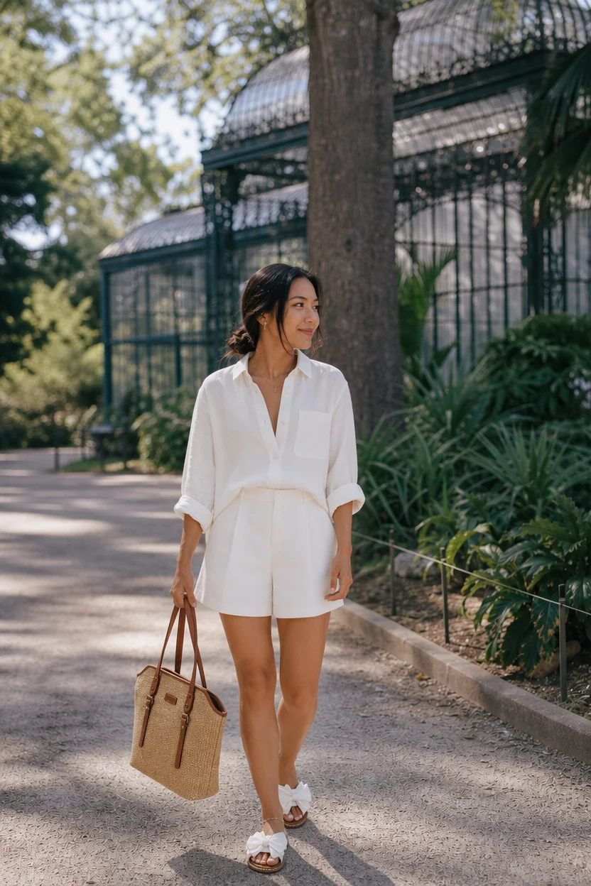 Woman in white linen shirt and shorts walking in a garden with a straw tote bag.