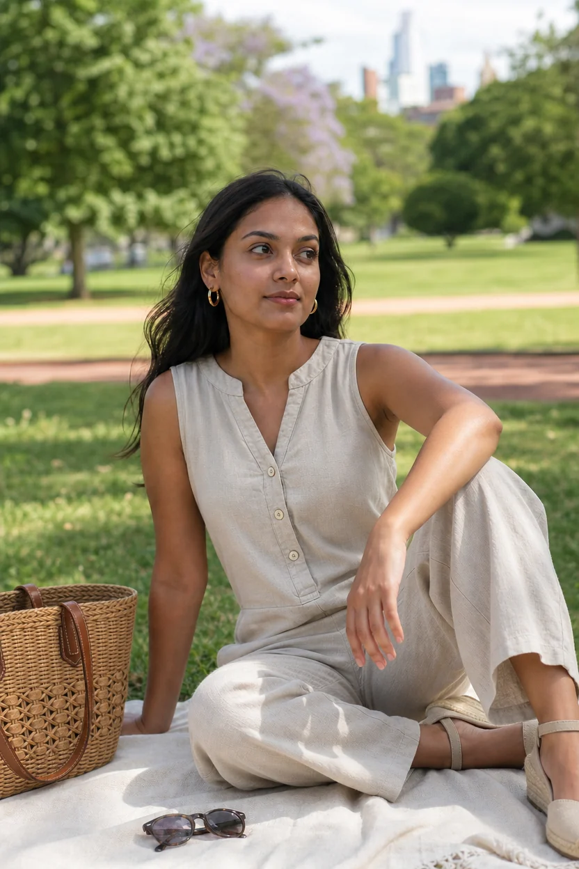 Woman in beige linen jumpsuit sitting on a blanket in a park with city skyline in background.
