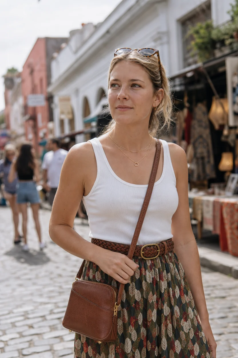 Woman wearing a white tank top and patterned midi skirt with woven belt, standing on a cobblestone street in Buenos Aires.