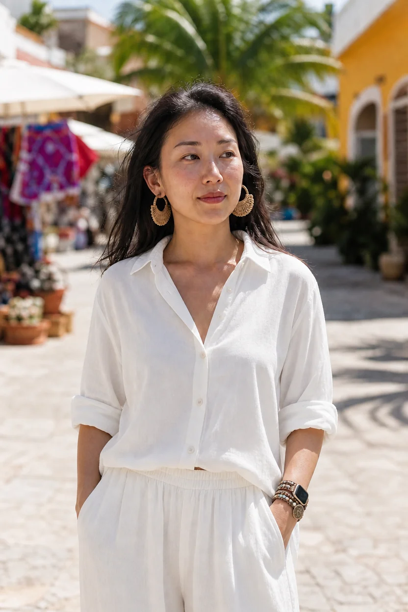 Woman in white gauzy button-down shirt and matching wide-leg trousers standing in a sunny outdoor plaza with palm trees and c