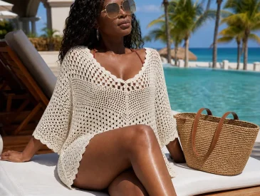 Woman in crochet cover-up lounging on poolside chair with woven bag and sandals.