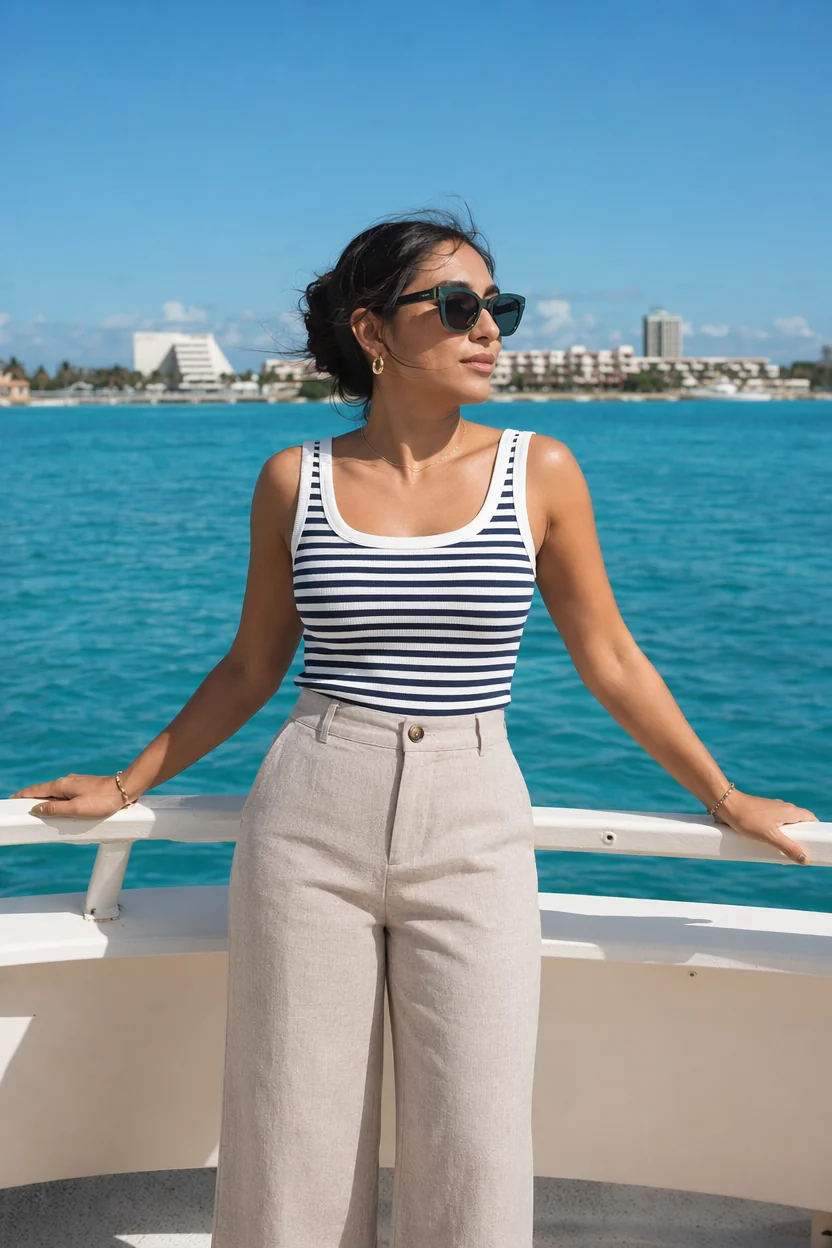 Woman in striped top and beige linen pants standing on a yacht railing overlooking turquoise water.