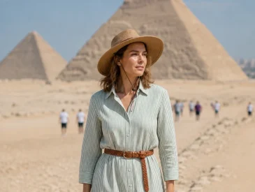 Woman in striped cotton dress and straw hat walking near pyramids in desert.