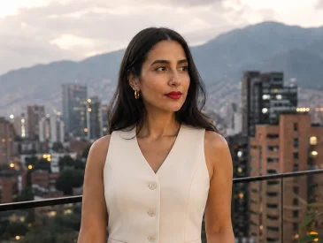Woman in monochrome sleeveless vest and wide-leg pants on a city balcony at dusk.