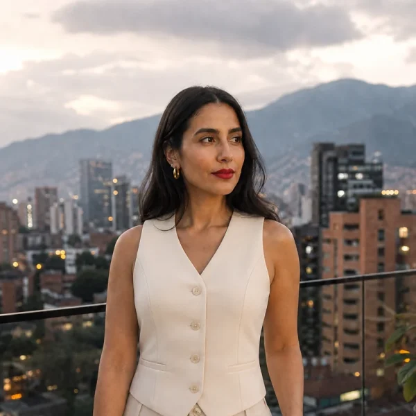 Woman in monochrome sleeveless vest and wide-leg pants on a city balcony at dusk.