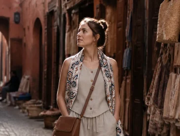 Woman in linen wide-leg pants and sleeveless vest walking through a sunlit Marrakesh souk alley.