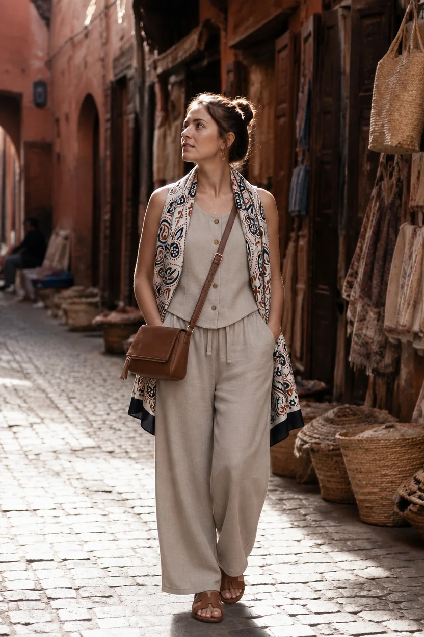 Woman in linen wide-leg pants and sleeveless vest walking through a sunlit Marrakesh souk alley.