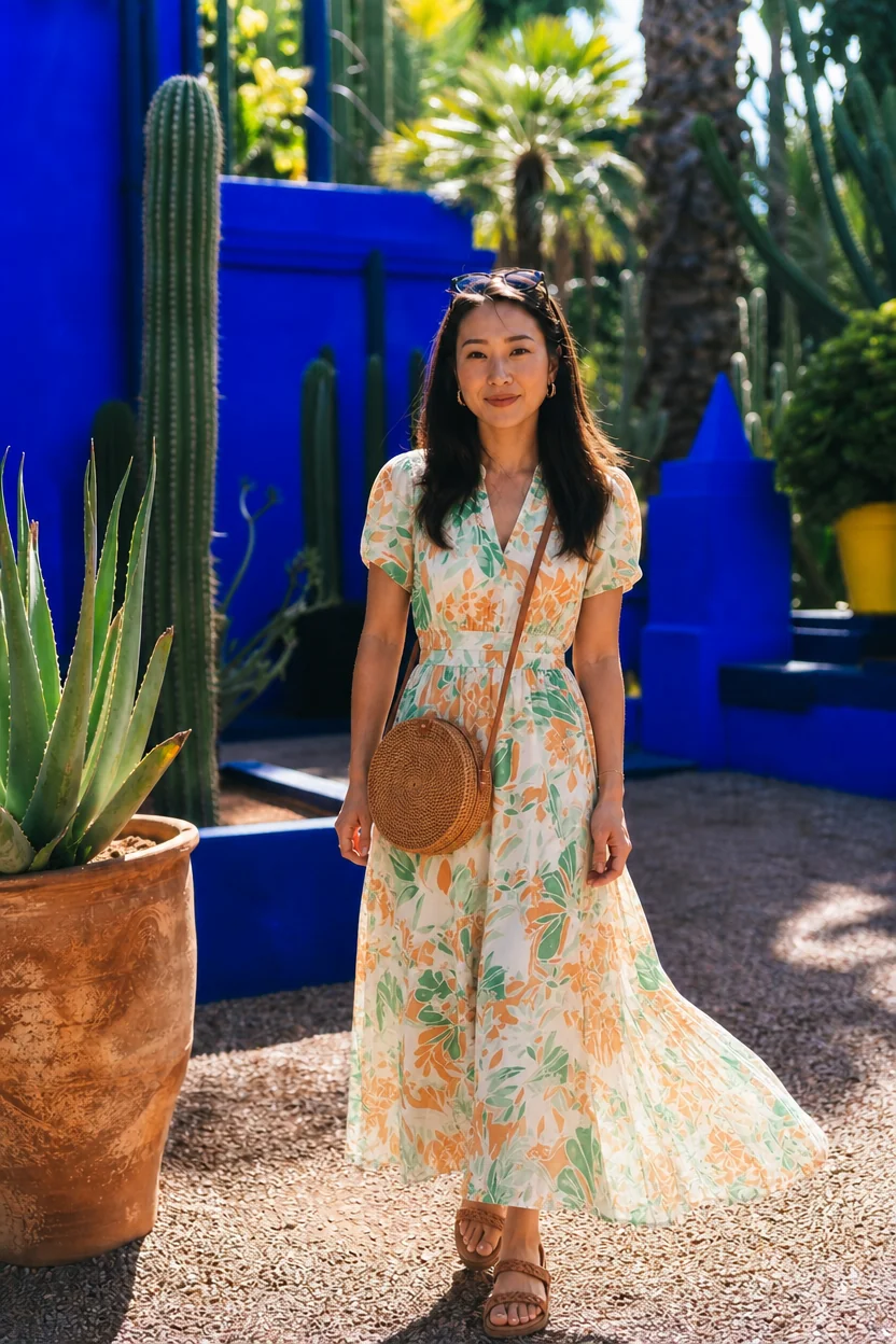 Woman in floral dress standing in front of blue walls and cacti at Jardin Majorelle.