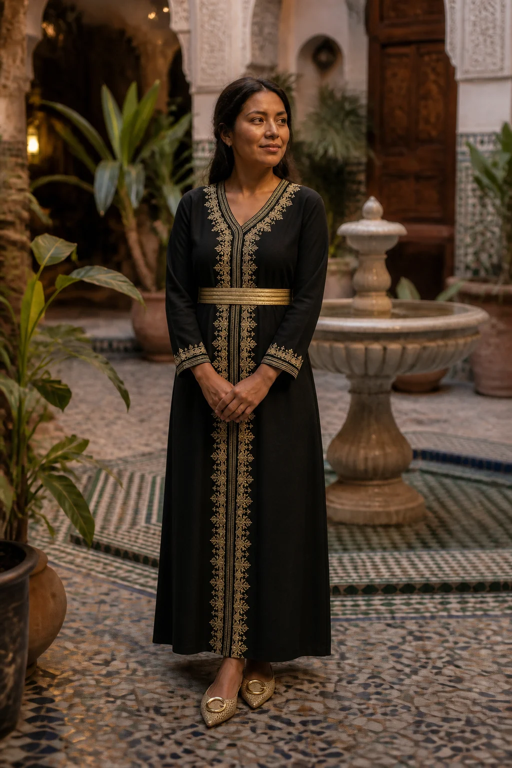 A woman in a black embroidered dress stands in a Moroccan courtyard with a fountain and tiled floor.