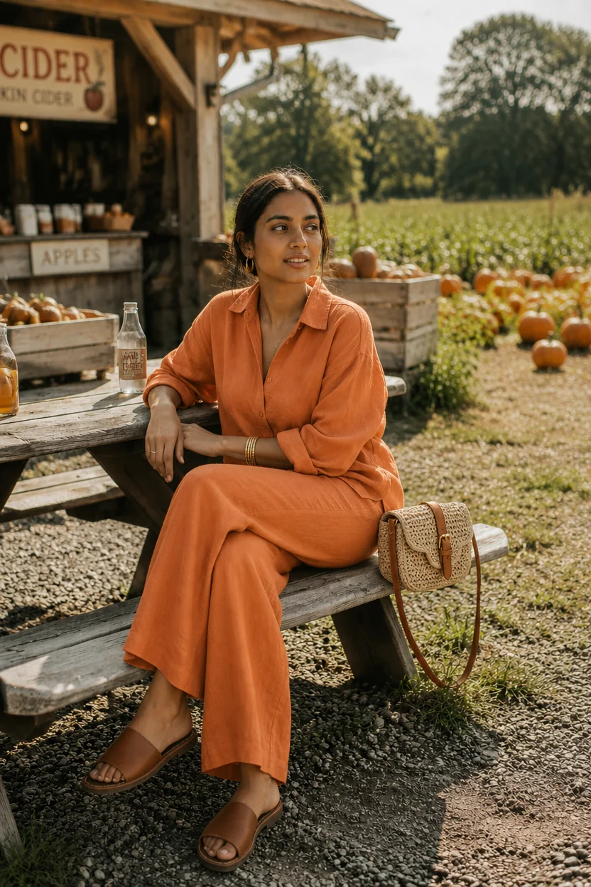 A woman in an orange linen jumpsuit sits on a wooden bench at a pumpkin patch, with pumpkins and a cider stand in the backgro