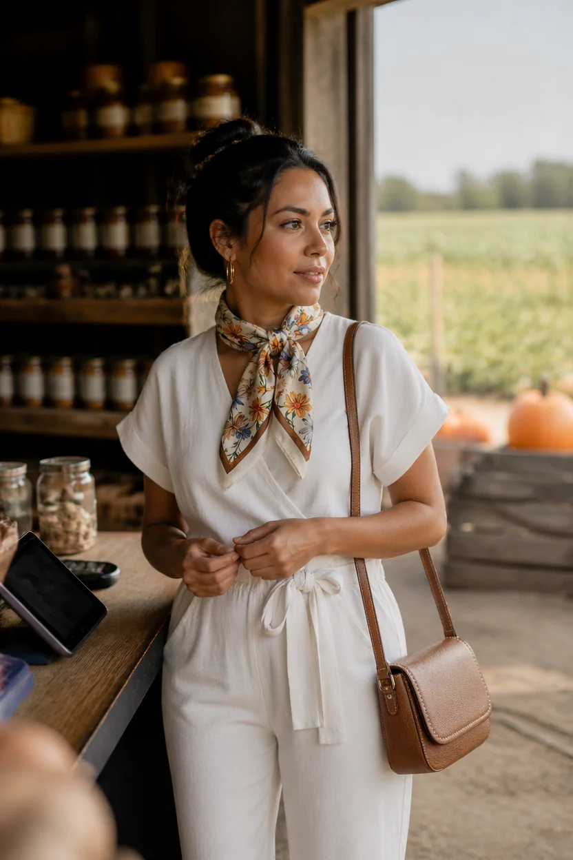 Woman in white jumpsuit and floral scarf at a farmstand with pumpkins visible in background.