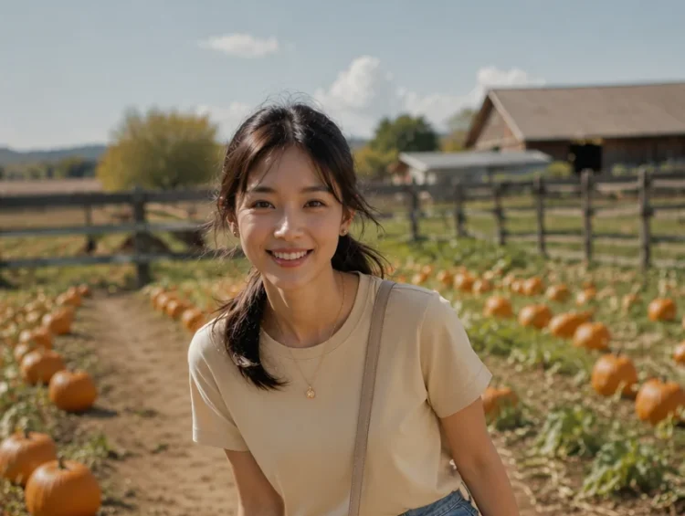 Woman smiling in denim shorts and beige tee standing in pumpkin patch field.