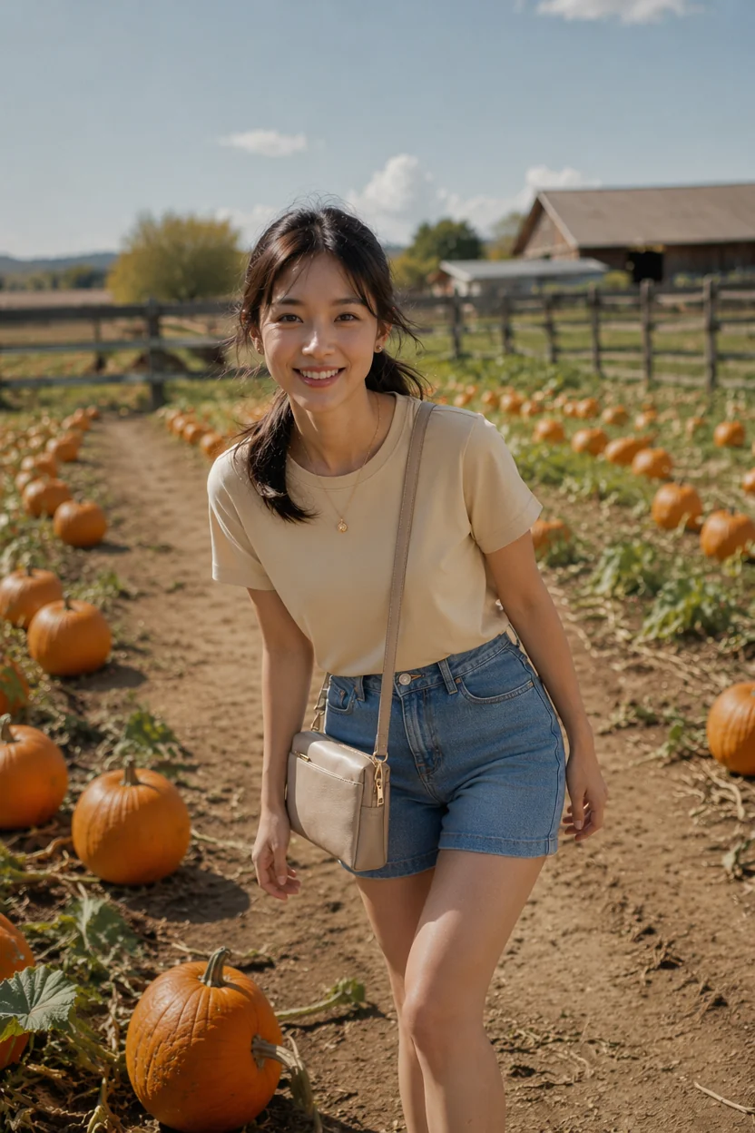 Woman smiling in denim shorts and beige tee standing in pumpkin patch field.