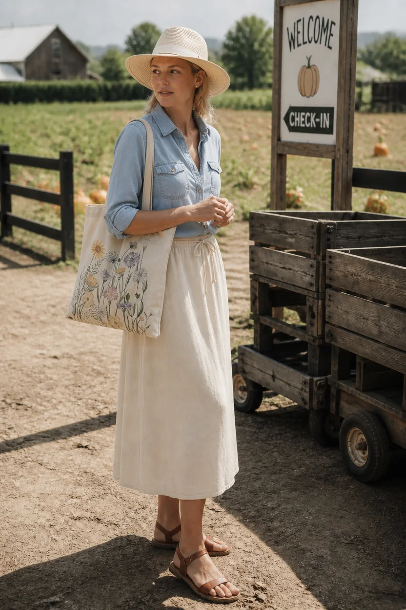 A woman stands at a pumpkin patch check-in sign wearing a chambray shirt, linen skirt, straw hat, and tote bag.