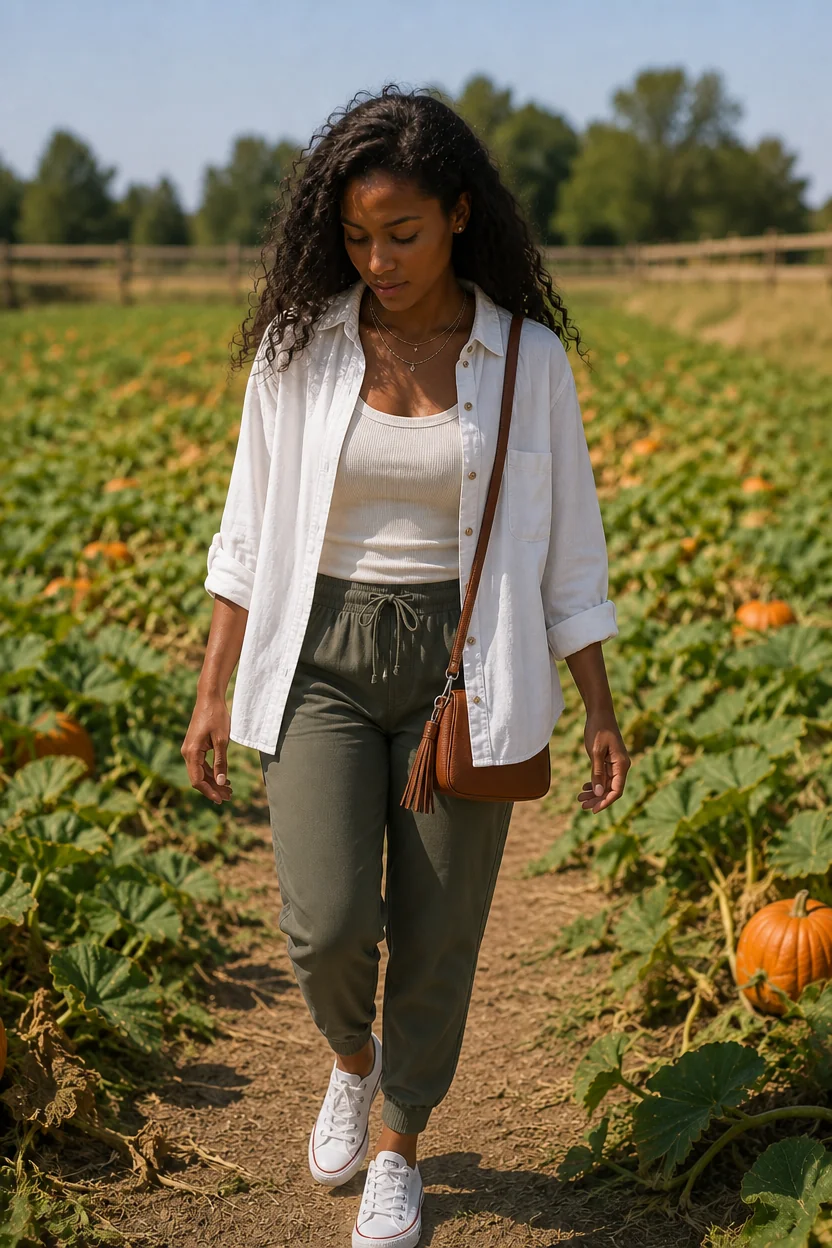 Woman walking through pumpkin patch wearing olive joggers, white linen shirt, and white sneakers.